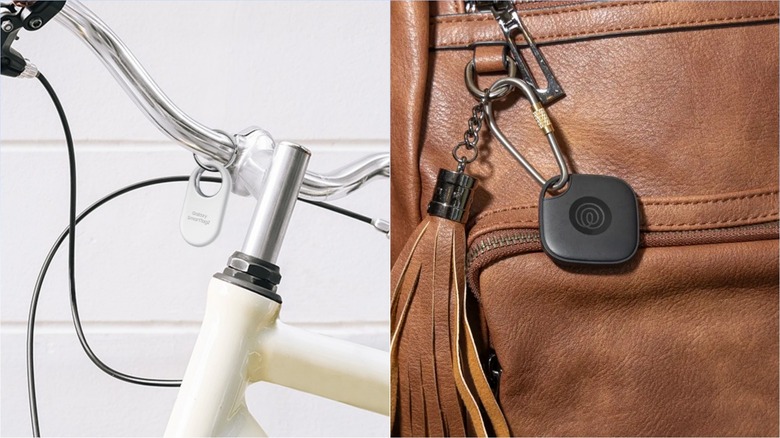 Side-by-side view of the pill-shaped Samsung SmartTag 2 and the square Tile Mate tracker.