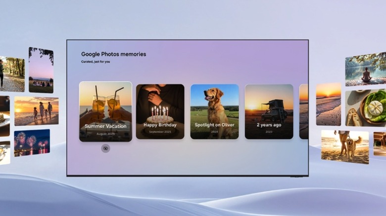 The Google Photos app interface on a Samsung TV screen showing organized photo albums and AI-curated highlights.