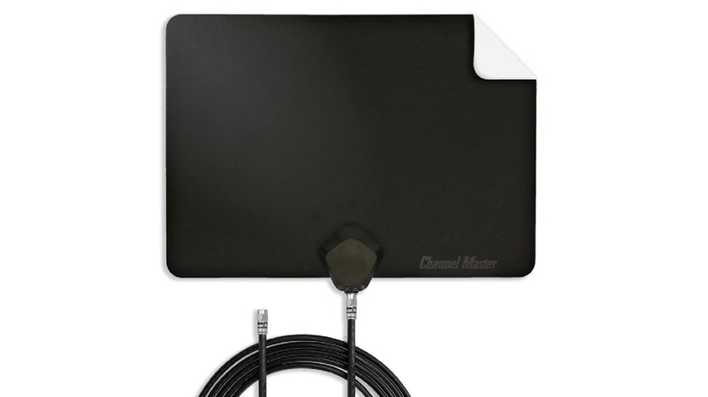 A white Channel Master FLATenna 35 with its integrated coaxial cable.