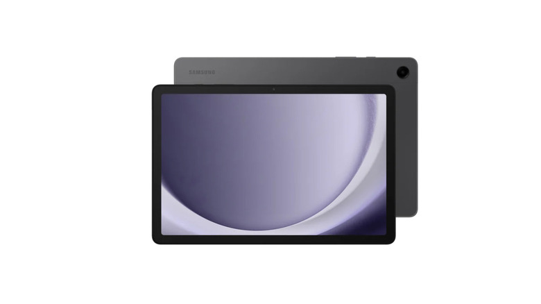 Samsung Galaxy Tab A9+ showing both the front screen display and the back casing.