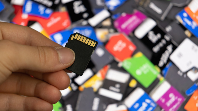 A person holding a single SD card above a large collection of various memory cards.