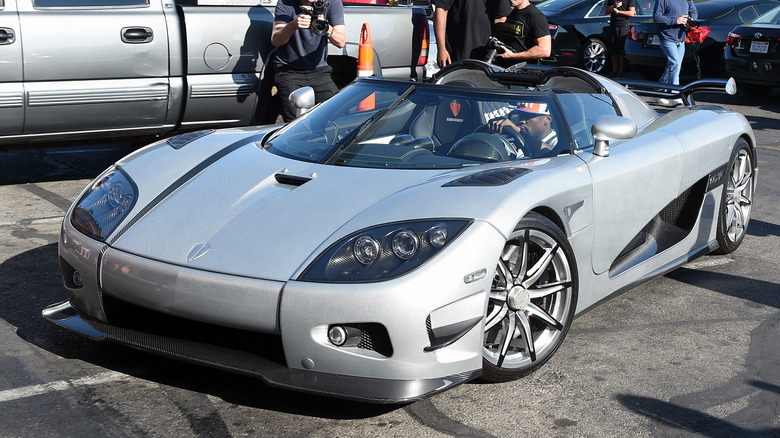 A silver Koenigsegg CCXR Trevita with its distinct diamond-weave carbon fiber finish.