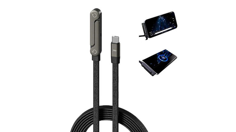 A 240W USB-C charging cable with a built-in foldable phone stand.