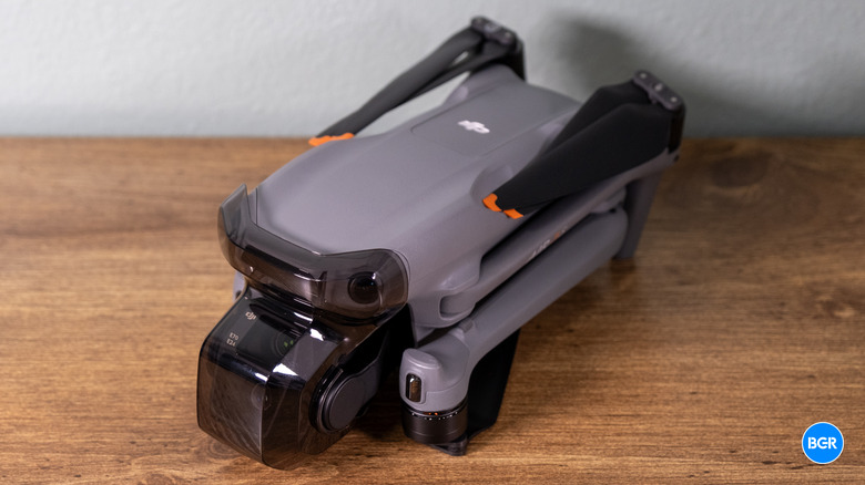 The DJI Air 3S drone in its folded state showing its compact size.