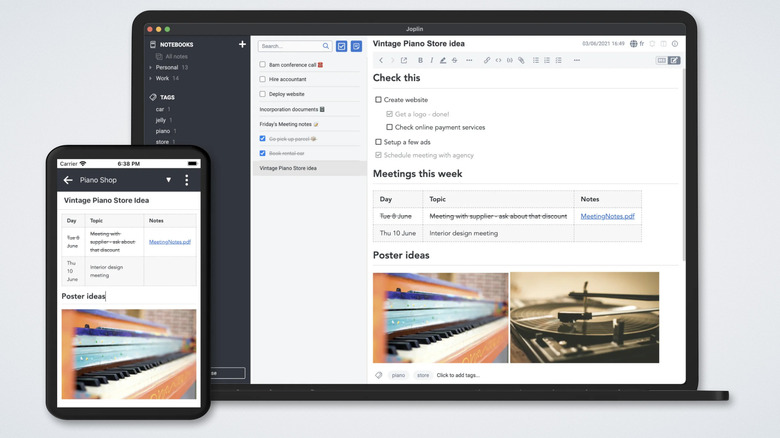 The Joplin note-taking application interface shown on a computer screen and a smartphone against a white background.
