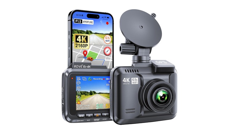ROVE R2-4K dashboard camera with suction cup mount and power cables.