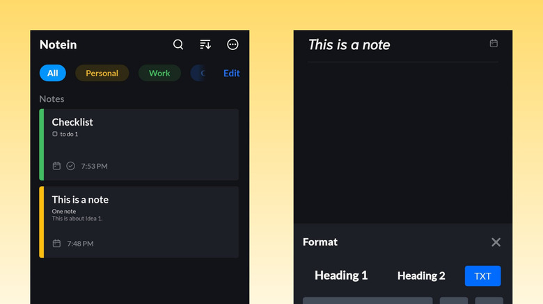 Notein app on Android displaying a list of categorized notes and a side-by-side view of the note editor.