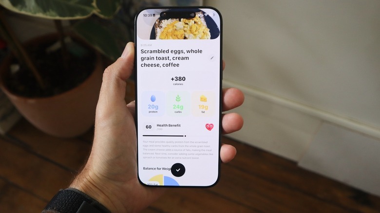 The Foodllama app interface showing AI-powered calorie estimation of a meal.
