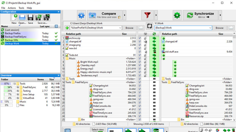 The main user interface of FreeFileSync showing folder comparison and synchronization settings on Windows.