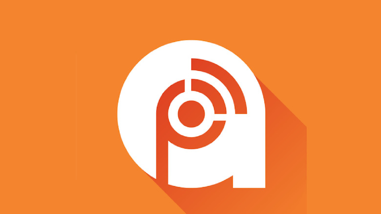 The Podcast Addict logo on an orange background.
