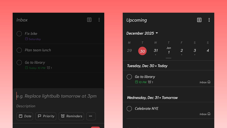 The Todoist app interface on an Android phone showing the task management dashboard and upcoming schedule view.