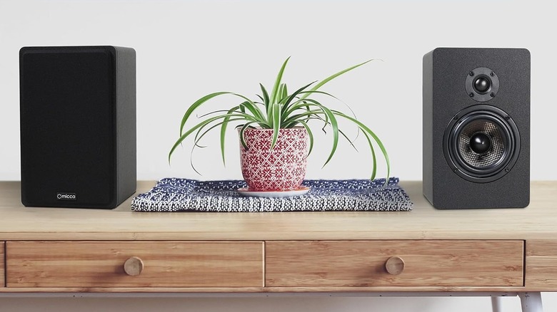 Micca bookshelf speakers positioned on a minimalist wooden table.