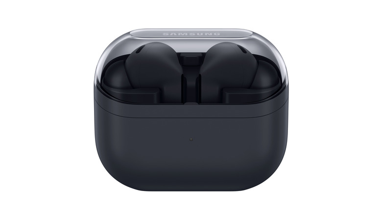 Close-up of the Samsung Galaxy Buds3 FE nestled in its compact charging case.