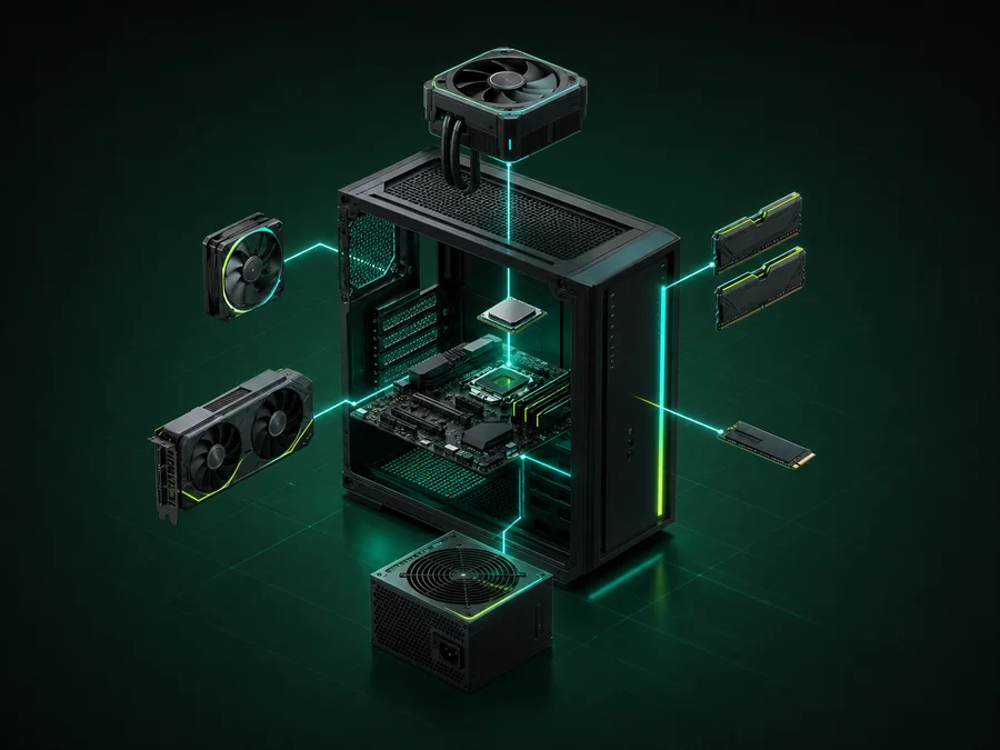 Exploded custom computer with its core components converging into the chassis
