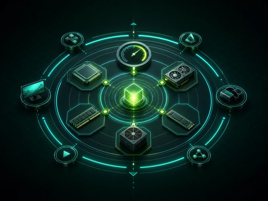 Glowing decision core connecting PC parts, workload signals and a performance gauge
