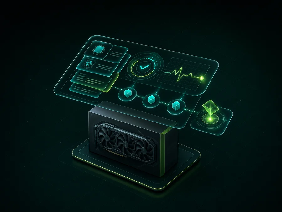 Futuristic evidence console reviewing specifications and source signals for a computer component