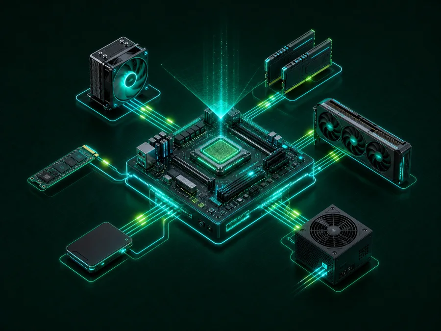 Computer components linked to a central motherboard by illuminated dependency paths