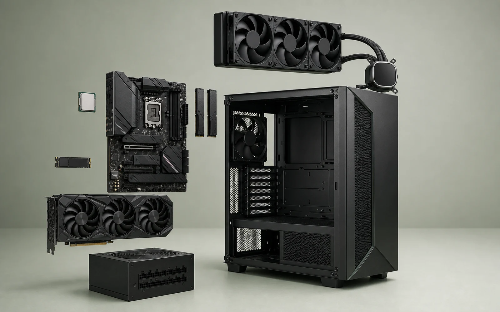 Exploded studio view of a custom PC case with its core components arranged around it